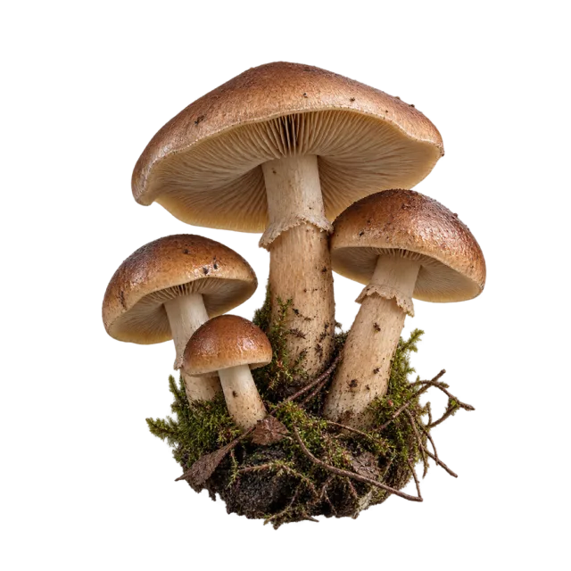 Group of brown capped mushrooms with pale stems growing from a leafy base on a transparent background