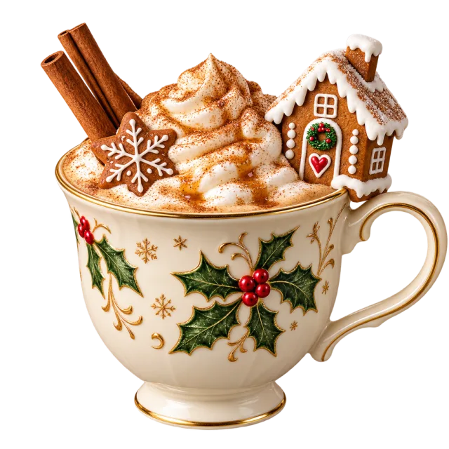 Cream holly-patterned cup topped with whipped cream, cinnamon and a tiny gingerbread house