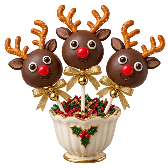 Three chocolate reindeer cake pops with red noses and antlers standing in a festive cup