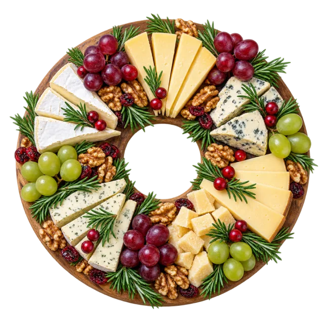 Round cheese platter with wedges, grapes, berries and greenery arranged around an open center