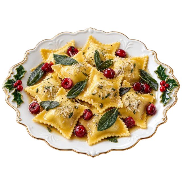 Star-shaped filled pasta on a decorative plate with leaves and red berries