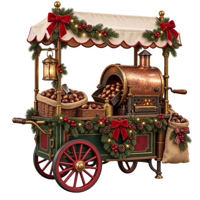 Green Christmas market cart with a copper-colored chestnut roaster and festive greenery