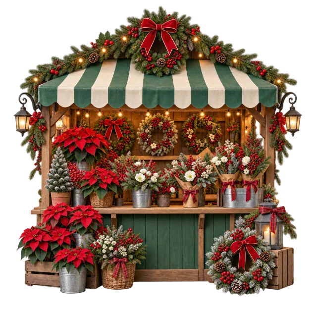 Flower stall with a green striped canopy, poinsettias and Christmas garlands