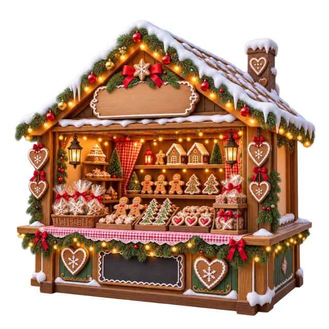 Snow-topped Christmas market kiosk displaying gingerbread treats beneath warm string lights