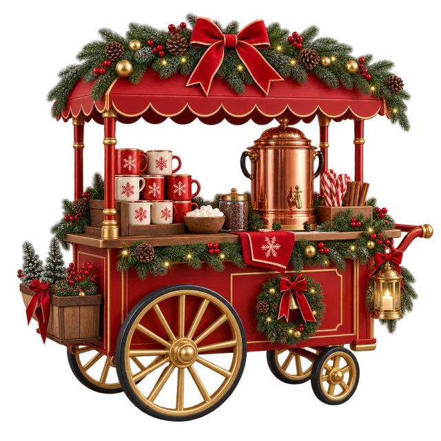 Red cocoa cart with a scalloped canopy, mugs and a tall copper-colored beverage urn
