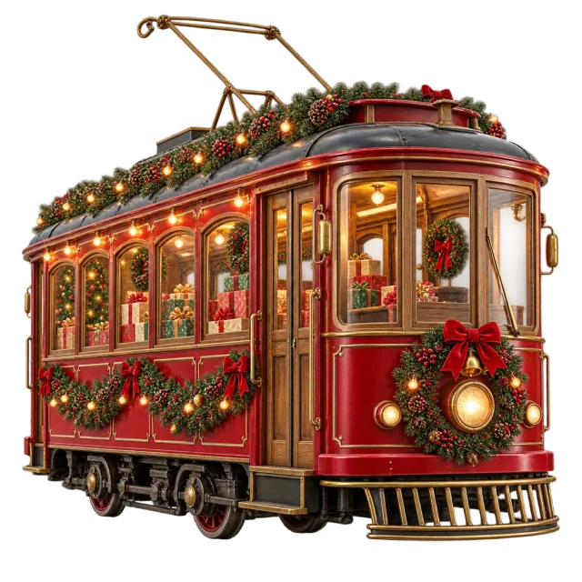 Red vintage tram decorated with glowing lights, evergreen garlands and gold baubles