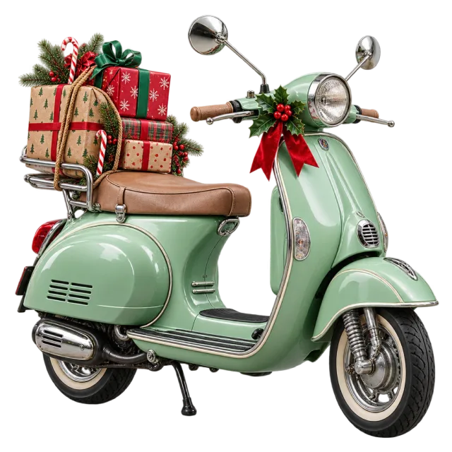 Mint green scooter carrying wrapped presents and decorated with a red bow