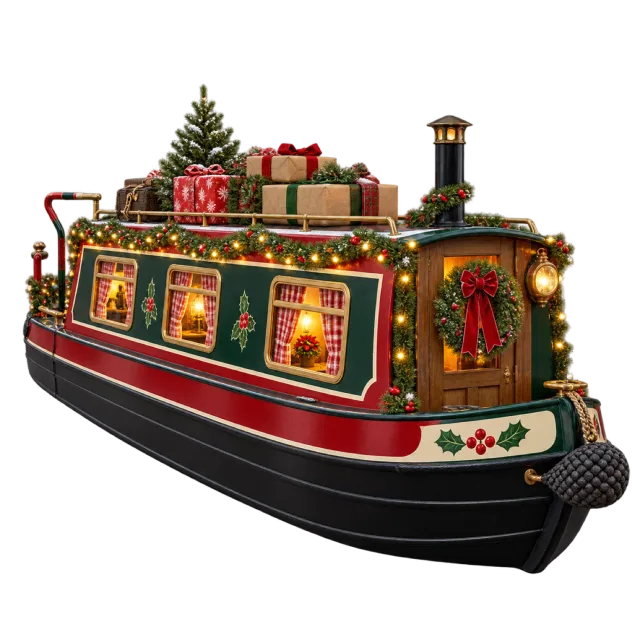 Red and green canal boat with glowing windows, rooftop presents and Christmas garlands