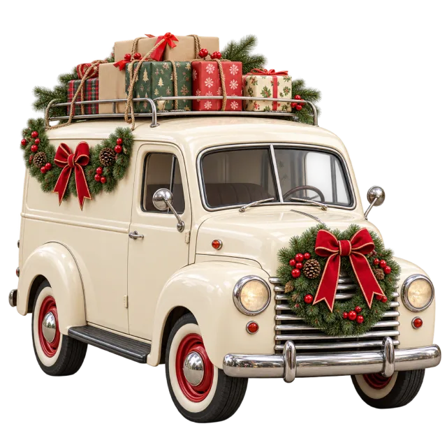 Cream vintage delivery van with rooftop presents and a wreath on its front grille