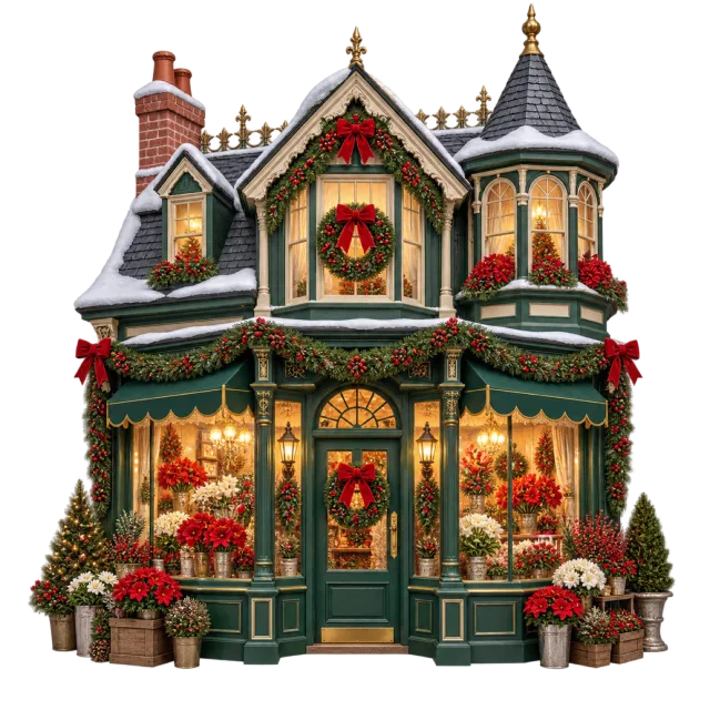 Snow-topped flower shop with green storefront windows, wreaths and red poinsettias
