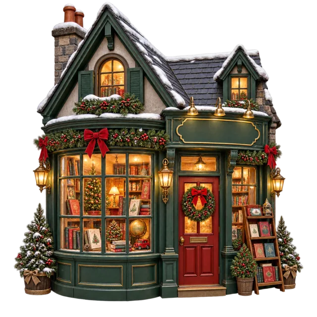Festive green bookshop with glowing windows, books outside and evergreen decorations