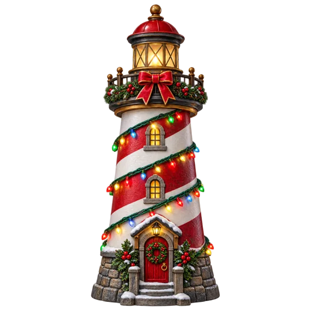 Red and white striped lighthouse wrapped in greenery, bows and warm lights