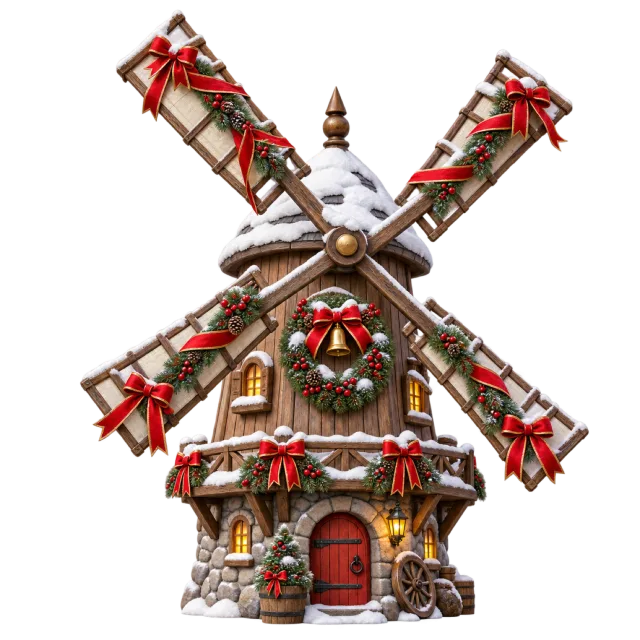Snow-dusted windmill with ribbon-trimmed sails, wreaths and a glowing doorway