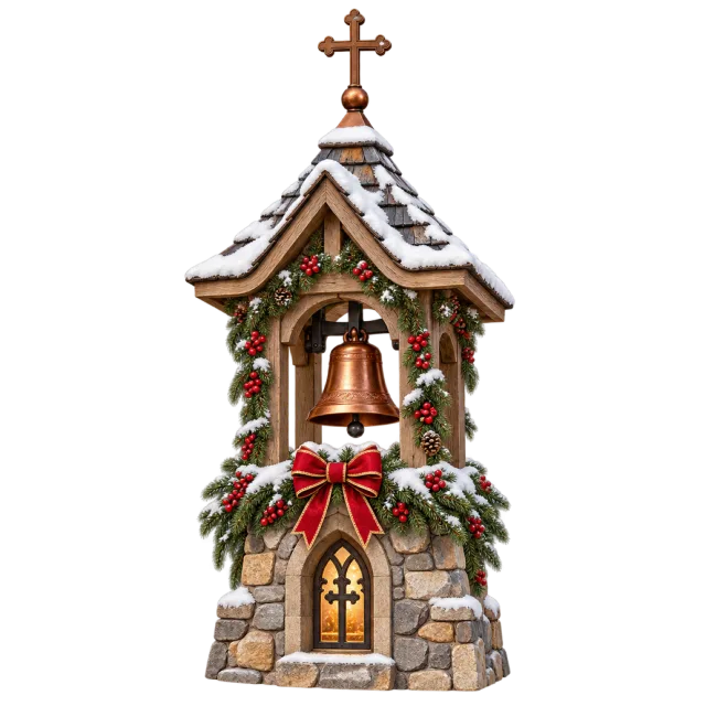 Snowy chapel bell tower with a cross, hanging bell and evergreen garlands