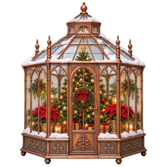 Glass conservatory with a decorated Christmas tree, poinsettias and warm lights inside