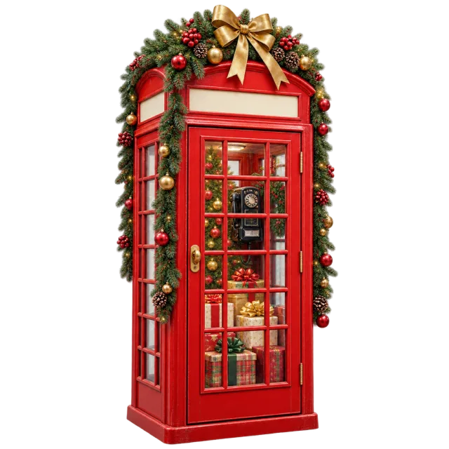 Red telephone booth framed by evergreen garlands, red berries and a gold-colored bow