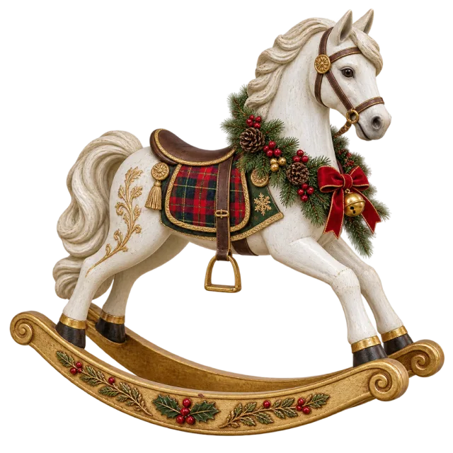 White rocking horse with a tartan saddle, festive greenery and curved gold-colored rockers