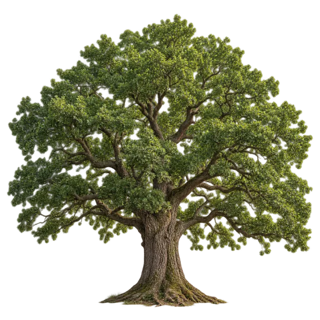 Broad oak tree with dense green foliage, a thick trunk and spreading roots on a transparent background