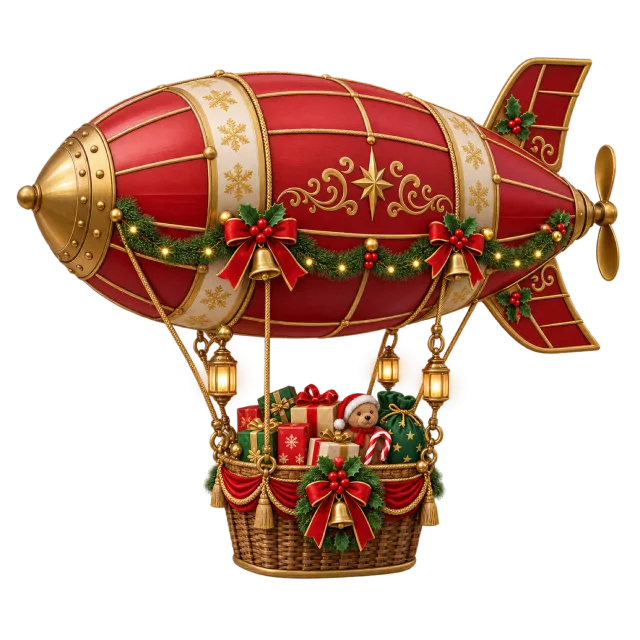 Red and gold toy airship carrying a basket filled with Christmas presents