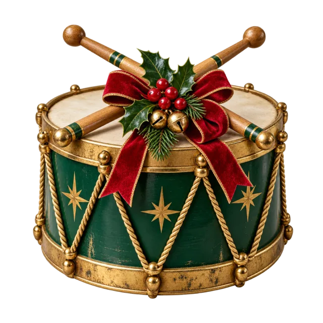 Green and gold toy drum with crossed drumsticks, a red bow and holly berries