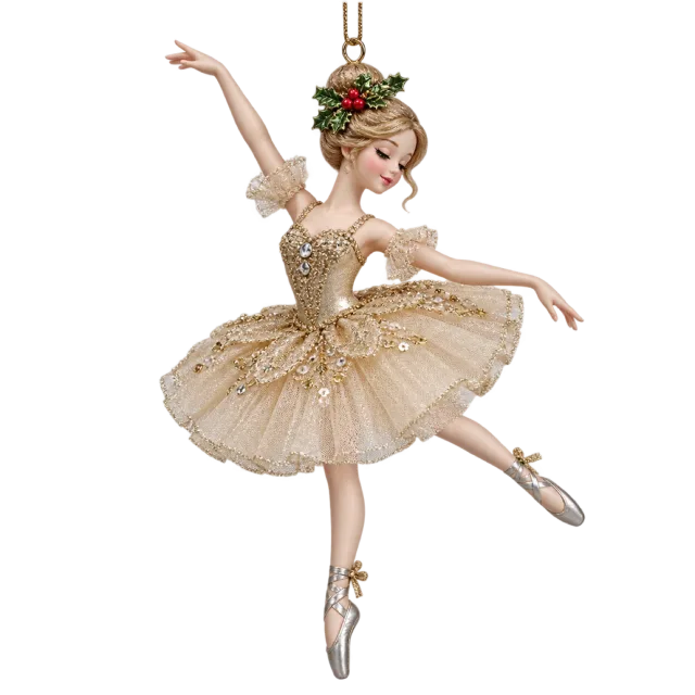 Cream ballerina ornament with a layered tutu, a hanging chain and holly in her hair