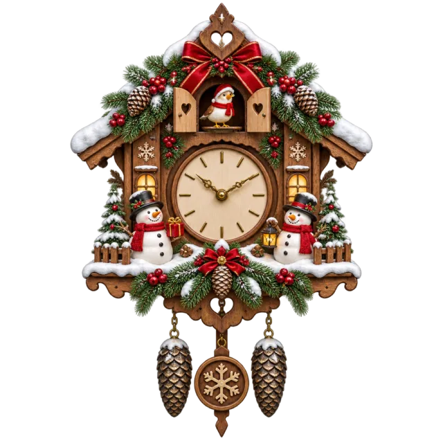 Snow-covered cuckoo clock decorated with snowmen, pinecones and Christmas greenery