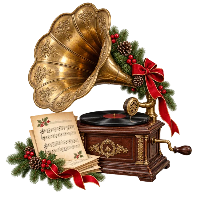 Vintage gramophone with a gold-colored horn, record and festive evergreen decorations