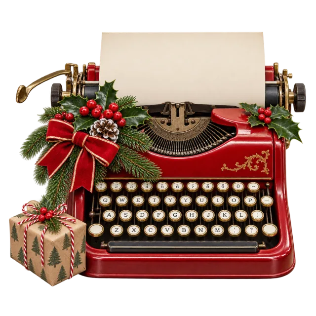 Red vintage typewriter with a blank sheet of paper, Christmas greenery and a wrapped gift