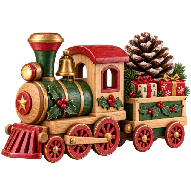 Red and green toy train with a pinecone and presents in its small wagon