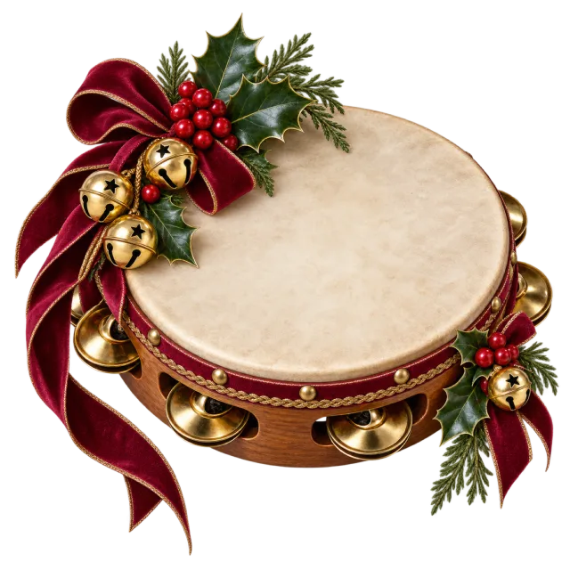 Tambourine with gold-colored bells, burgundy ribbons and sprigs of holly