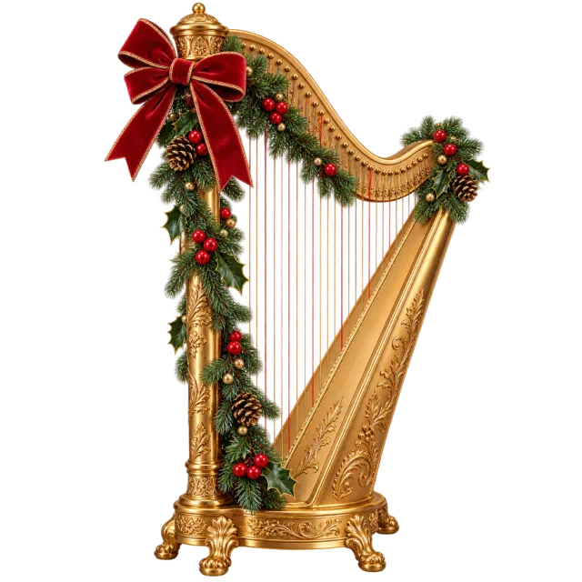 Gold-colored harp decorated with a red bow, evergreen branches and berries