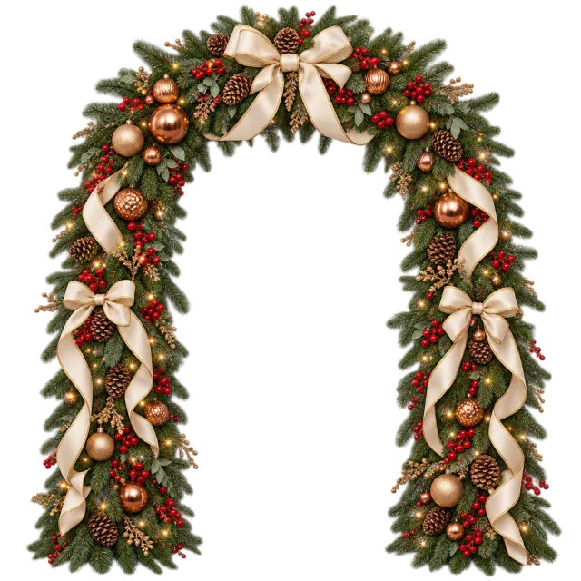 Evergreen doorway arch with cream ribbons, red berries and gold-colored ornaments