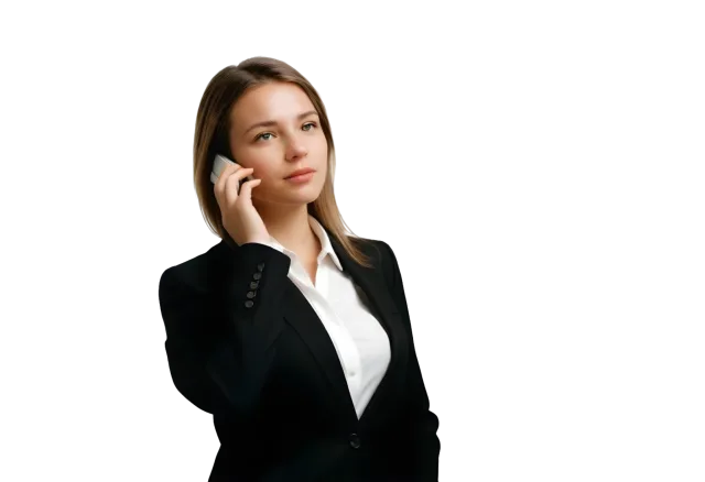 Blonde woman wearing a black blazer with one hand raised to her ear on a transparent background
