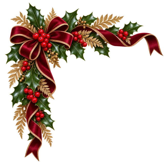 Corner arrangement of holly, gold-colored leaves and a flowing burgundy ribbon