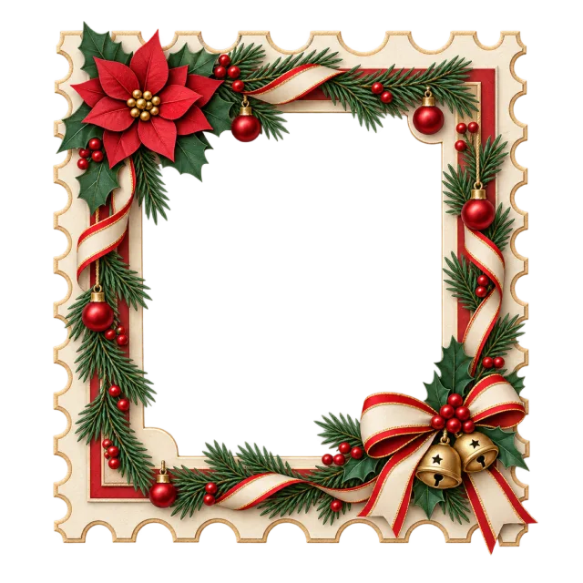 Rectangular postage-stamp-style frame decorated with poinsettias, pine sprigs, ribbons and bells