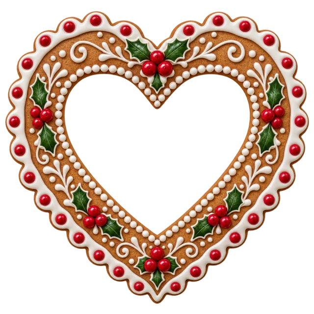 Heart-shaped gingerbread frame decorated with white icing, red berries and holly