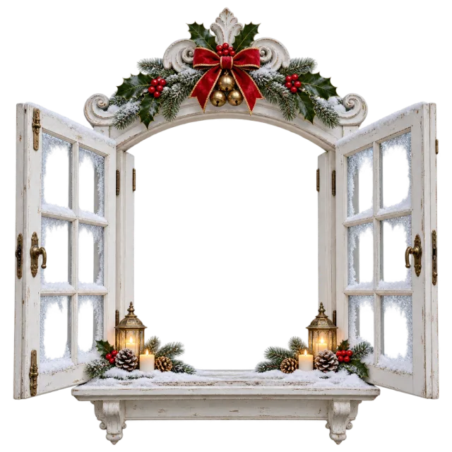Open white window frame with snow, small lanterns, greenery and a red bow