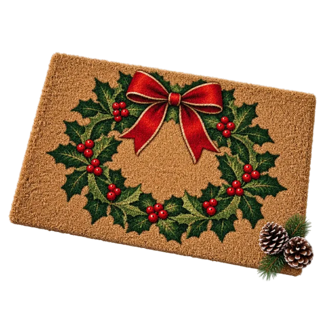 Tan doormat decorated with a holly wreath and a large red bow