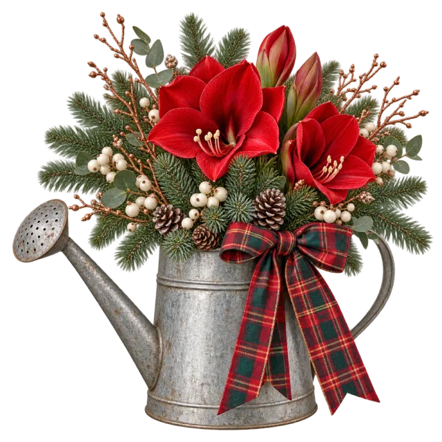 Metal watering can filled with red flowers, evergreen branches and a tartan ribbon