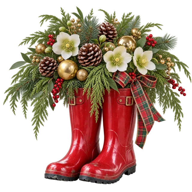 Pair of red boots filled with white flowers, pinecones, greenery and gold-colored baubles