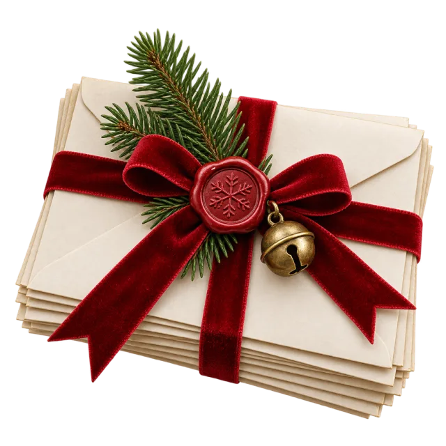 Bundle of cream envelopes tied with burgundy ribbon, a red seal and small bells