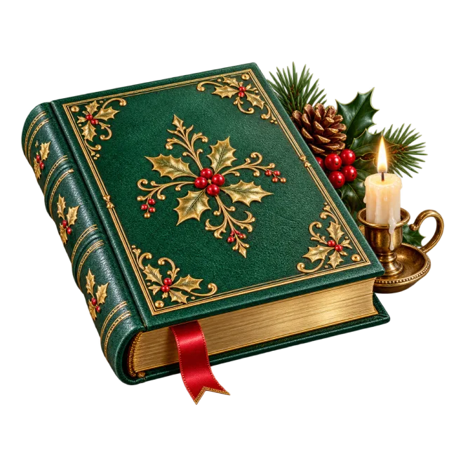 Closed green book with gold-colored decoration beside a lit candle and Christmas greenery