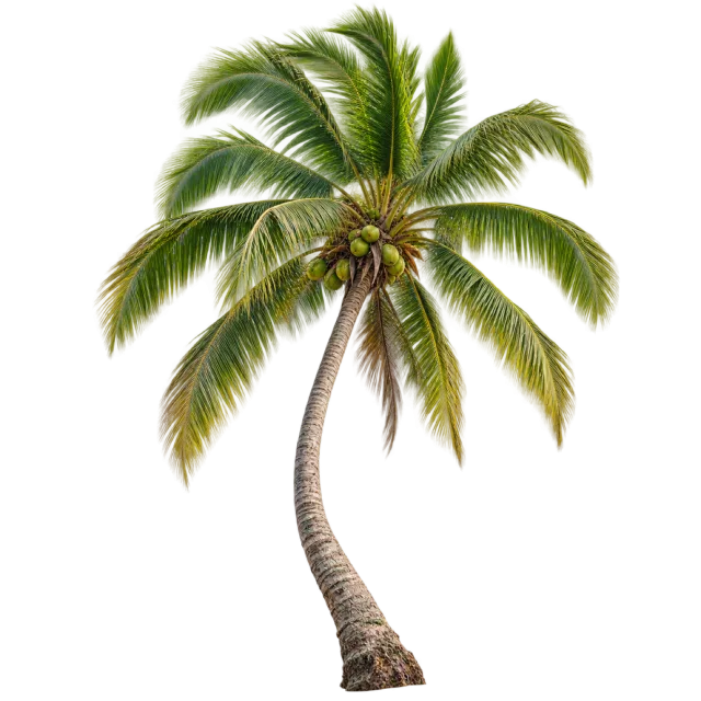 Palm tree with a curved textured trunk and a spreading crown of green fronds on a transparent background
