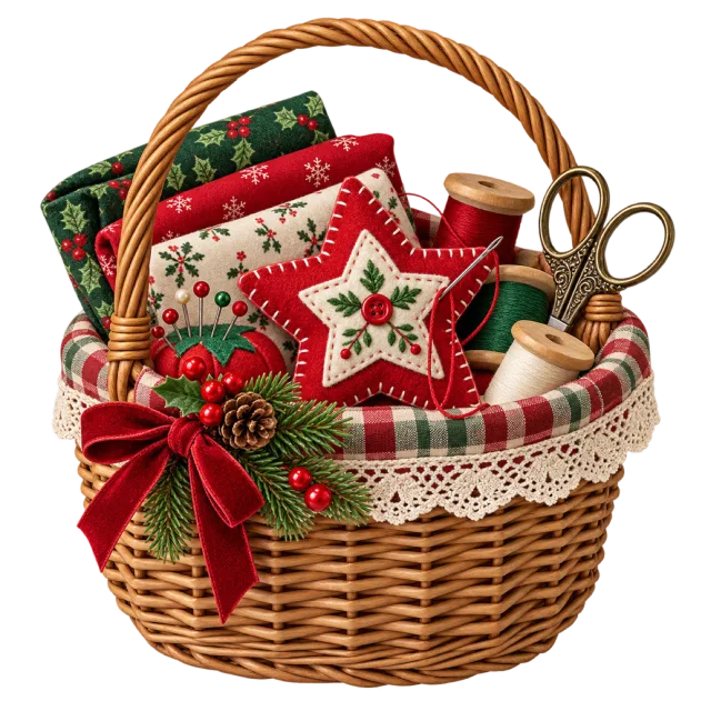 Wicker sewing basket filled with festive fabric, thread, scissors and a red bow