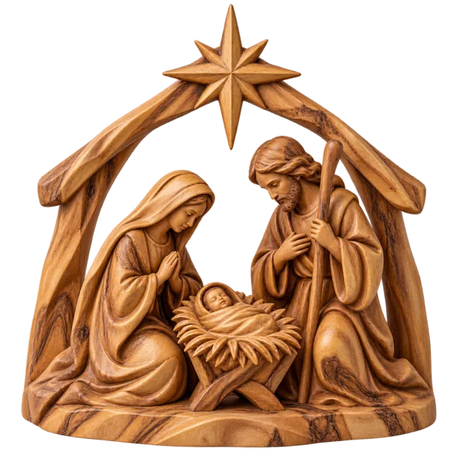 Wood-carving-style nativity scene with Mary, Joseph and baby Jesus beneath a star