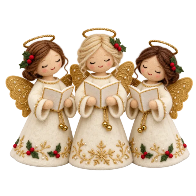 Three small angel singers in cream dresses holding open books beneath gold-colored halos