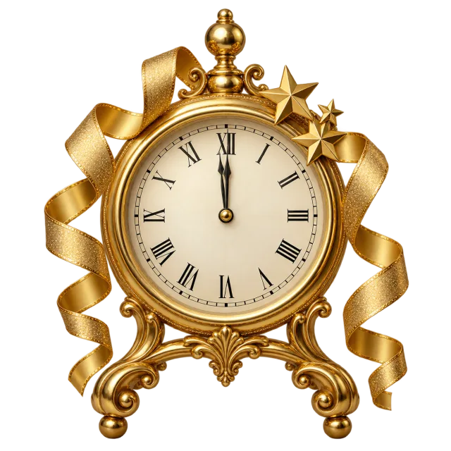 Ornate gold-colored tabletop clock with hands near twelve, curling ribbons and a cluster of stars