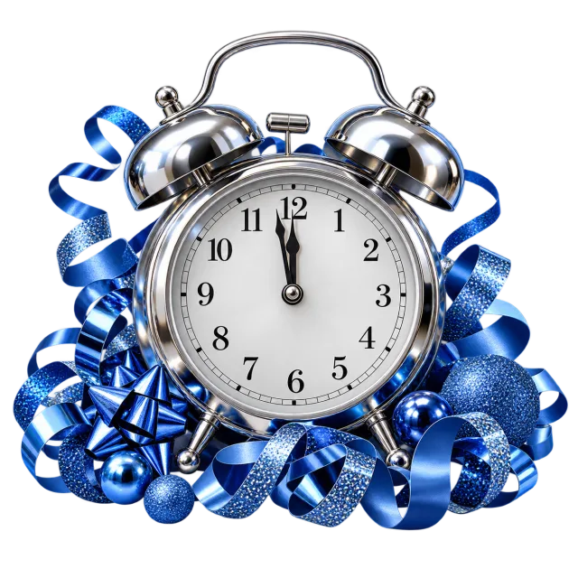 Silver alarm clock with hands near twelve surrounded by glossy blue ribbons