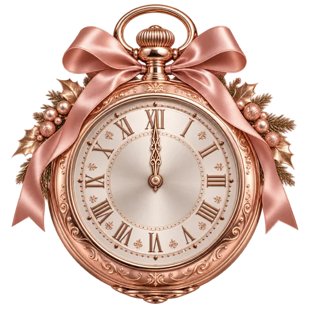 Rose gold-colored pocket watch with a matching satin bow and floral details