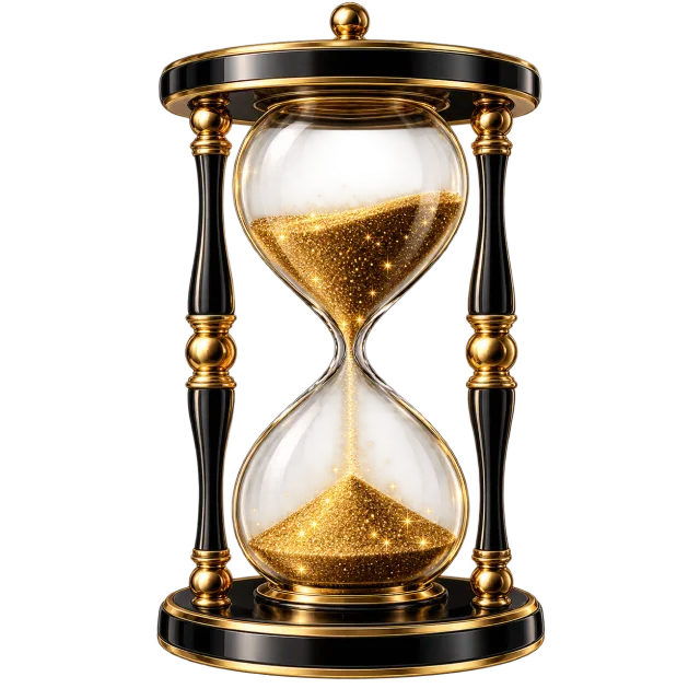 Black and gold hourglass with sparkling sand
